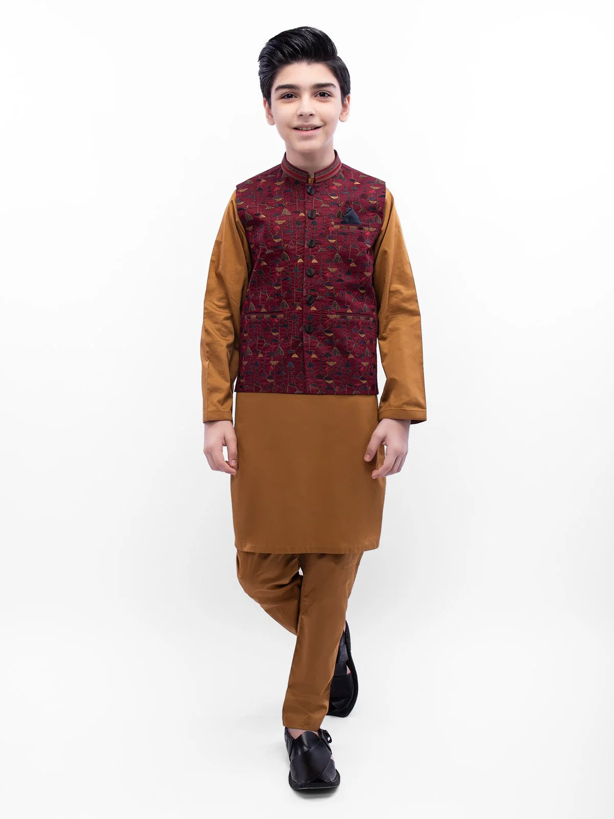 Boy's Maroon & Golden Waist Coat Suit - EBTWCSC22-013