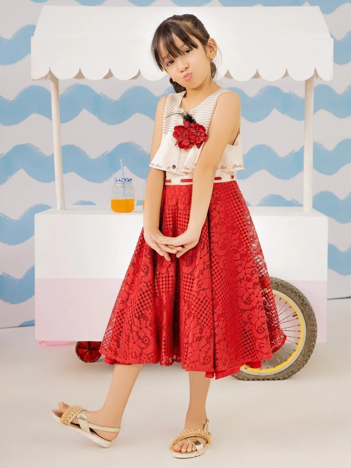 Girl's Beige & Maroon Frock - EGTF21S-0840