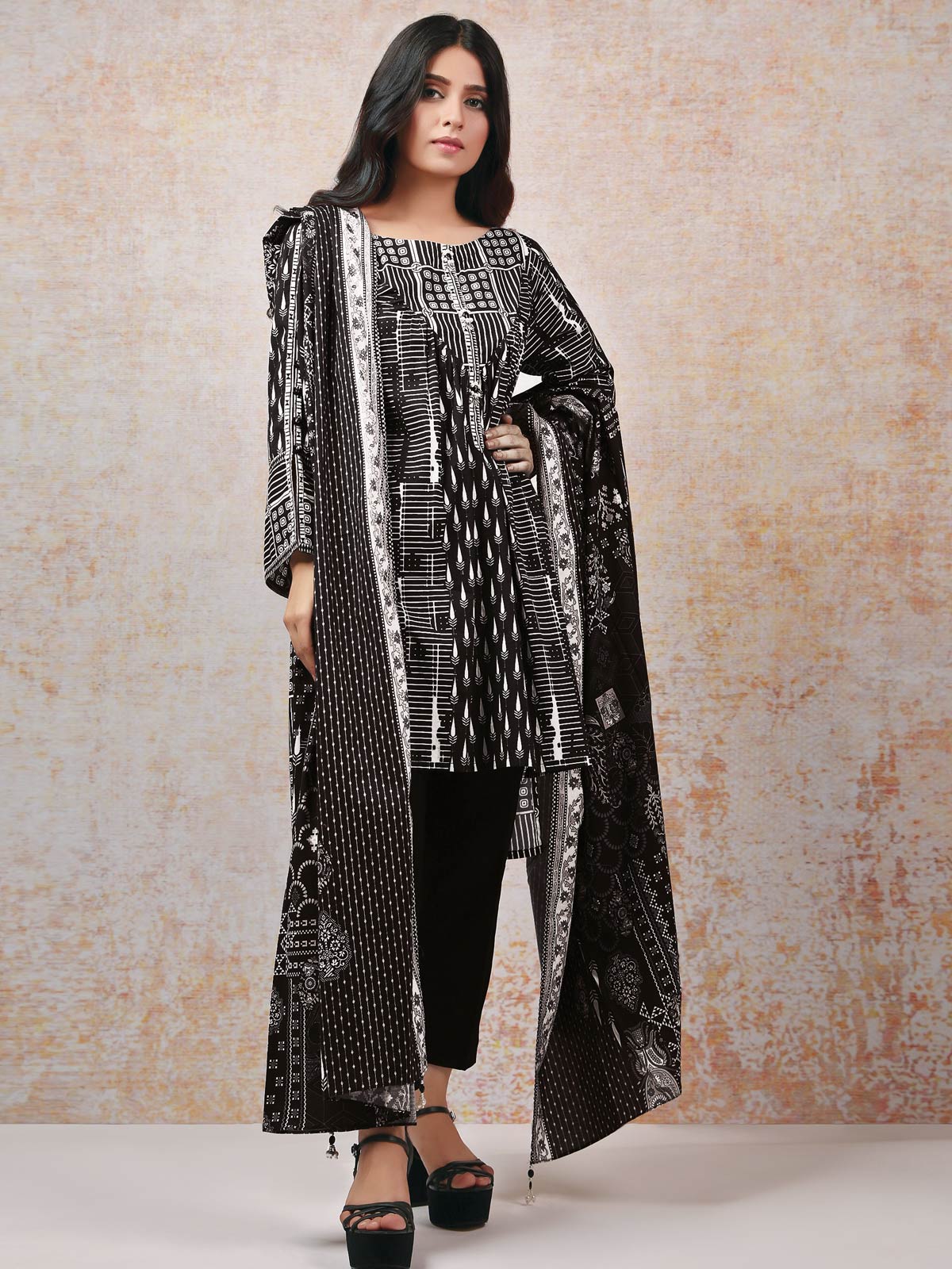 Unstitched Printed Monochrome Shirt Dupatta - ELU19M7-19756