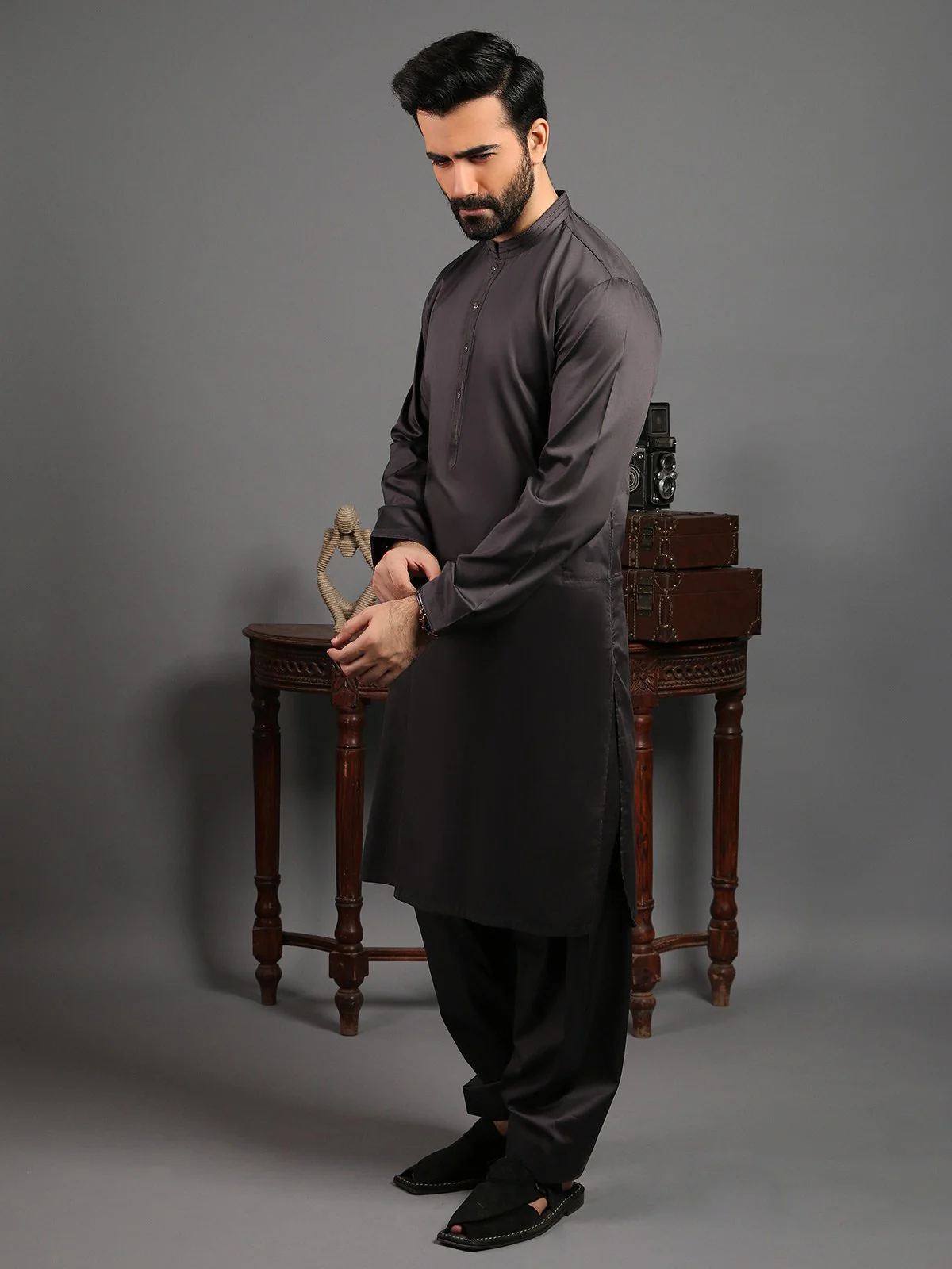 Men's Charcoal Grey Shalwar Kameez - EMTKS19-023