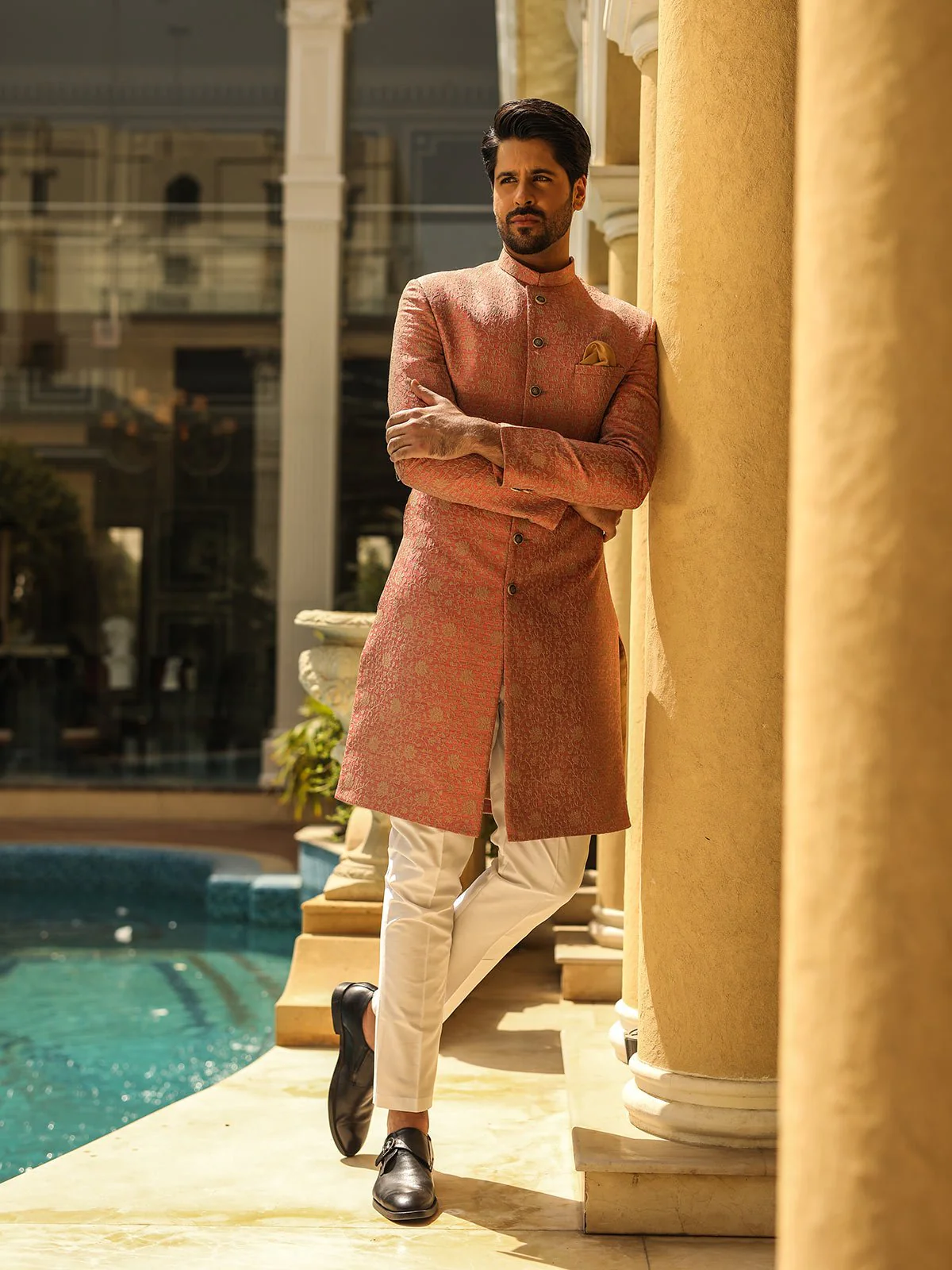 Men's Peach Sherwani - EMTS18-7180