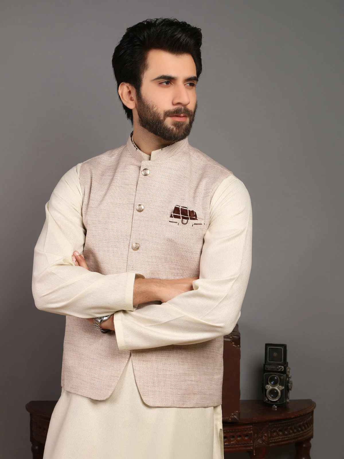 Men's Light Beige Waist Coat - EMTWC19-006