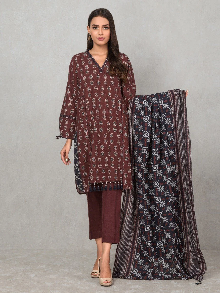 Unstitched Printed Khaddar Shirt Dupatta - EWU20A10-20330