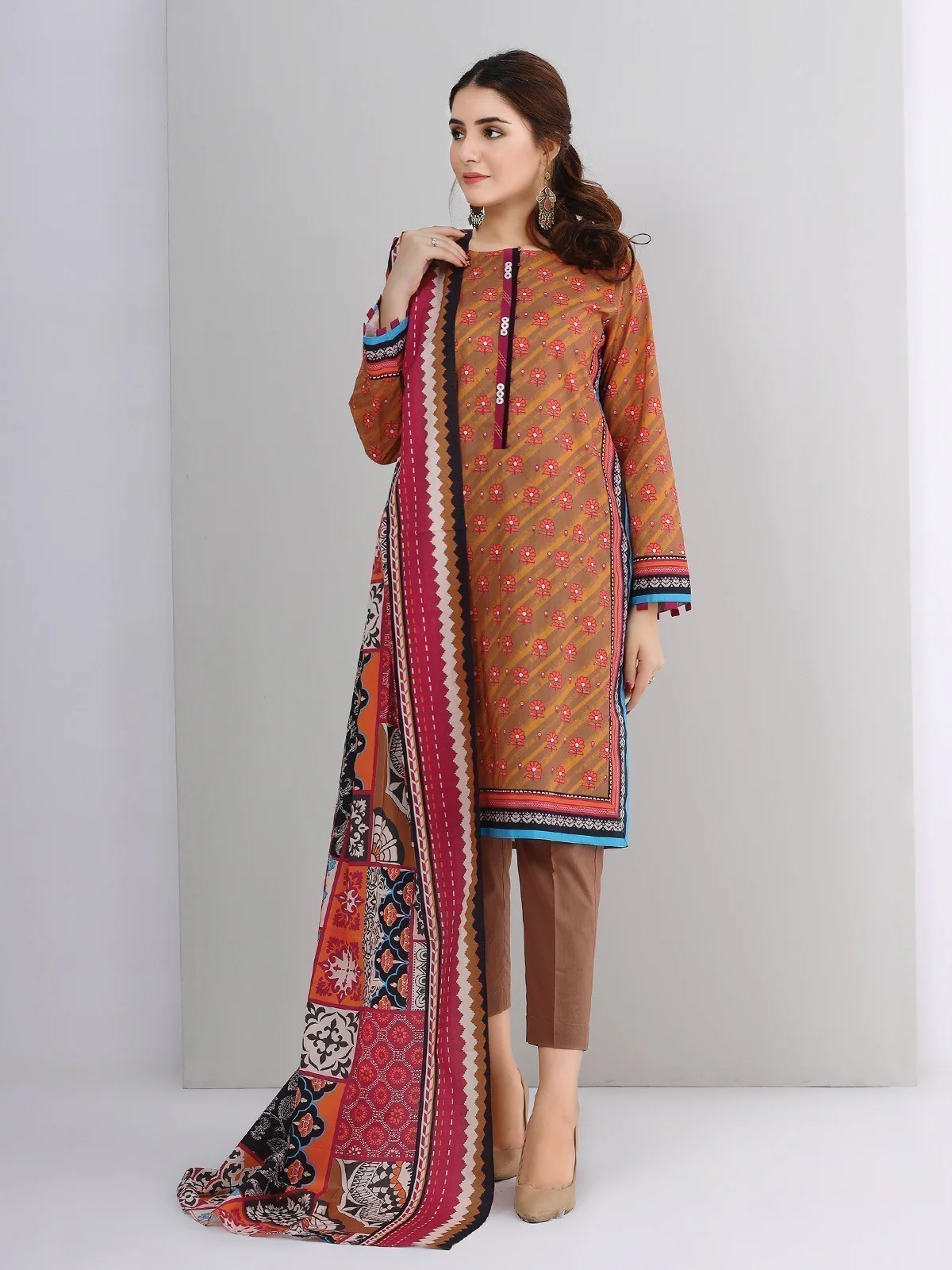 Unstitched Printed Khaddar Shirt Dupatta - EWU21A9-21606