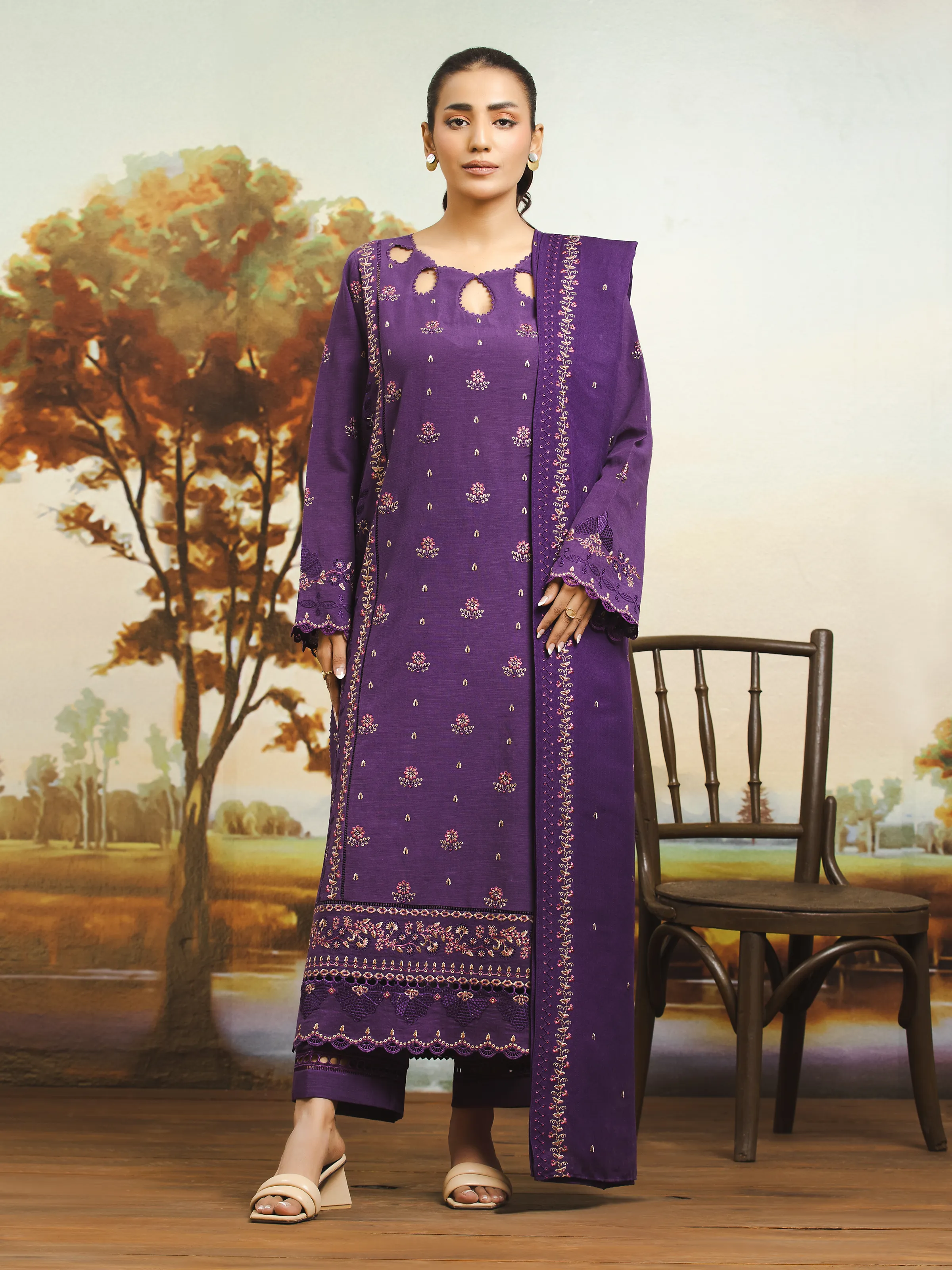 Unstitched Embroidered Marina Twill Shirt Dupatta - EWU24V14-30351SD