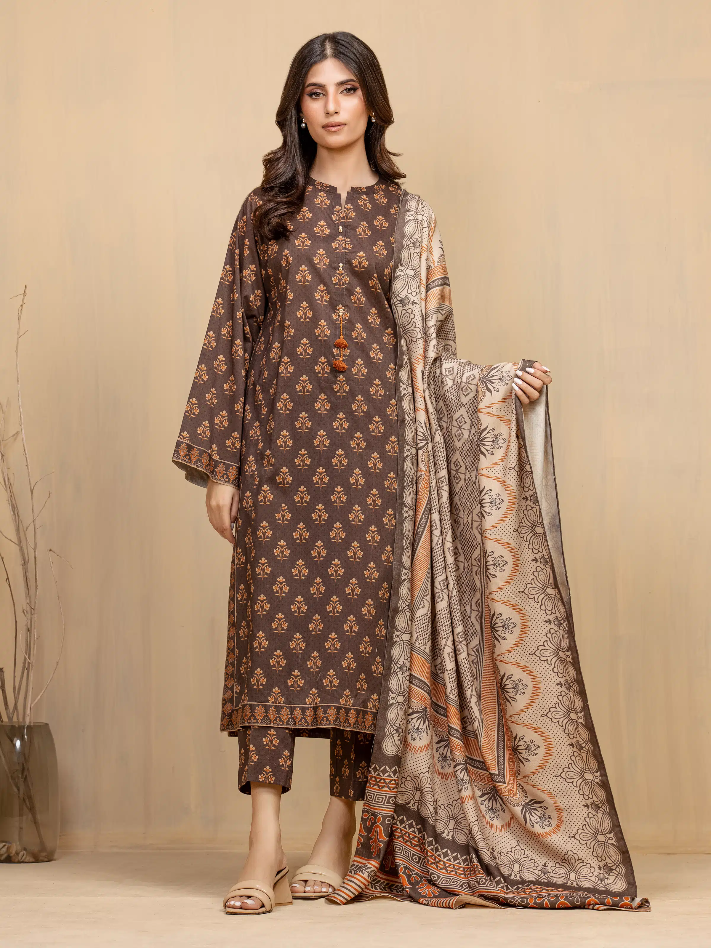 Unstitched Printed Khaddar Shirt Dupatta - EWU5M3-003SD