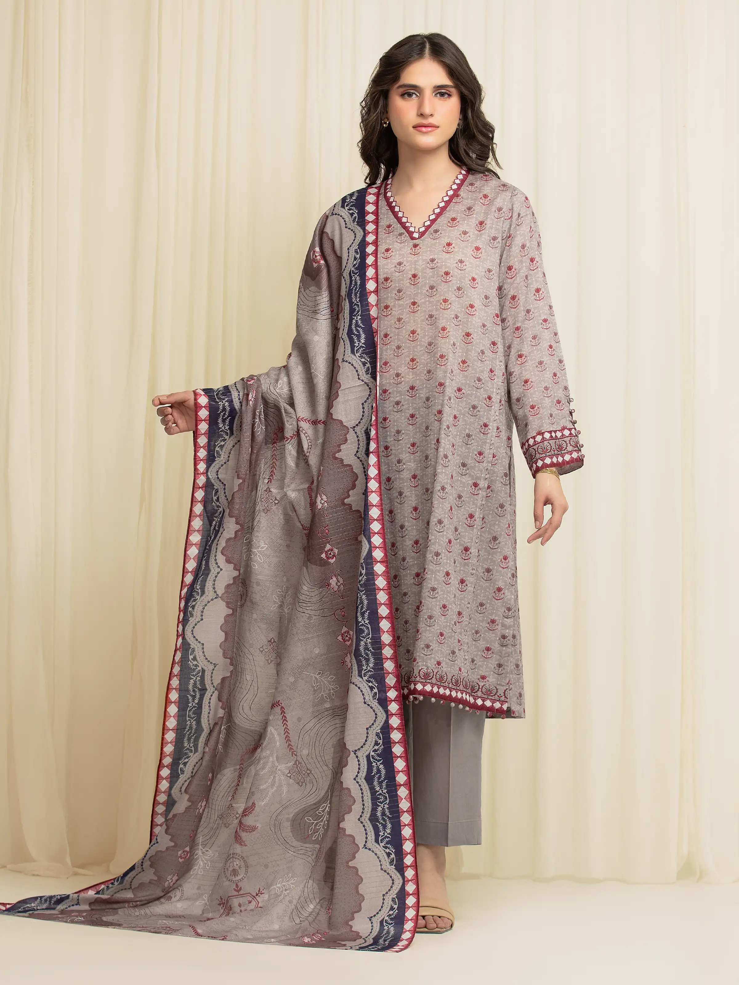 Unstitched Printed Zari Lawn Suit - EWU6M6-039-3P