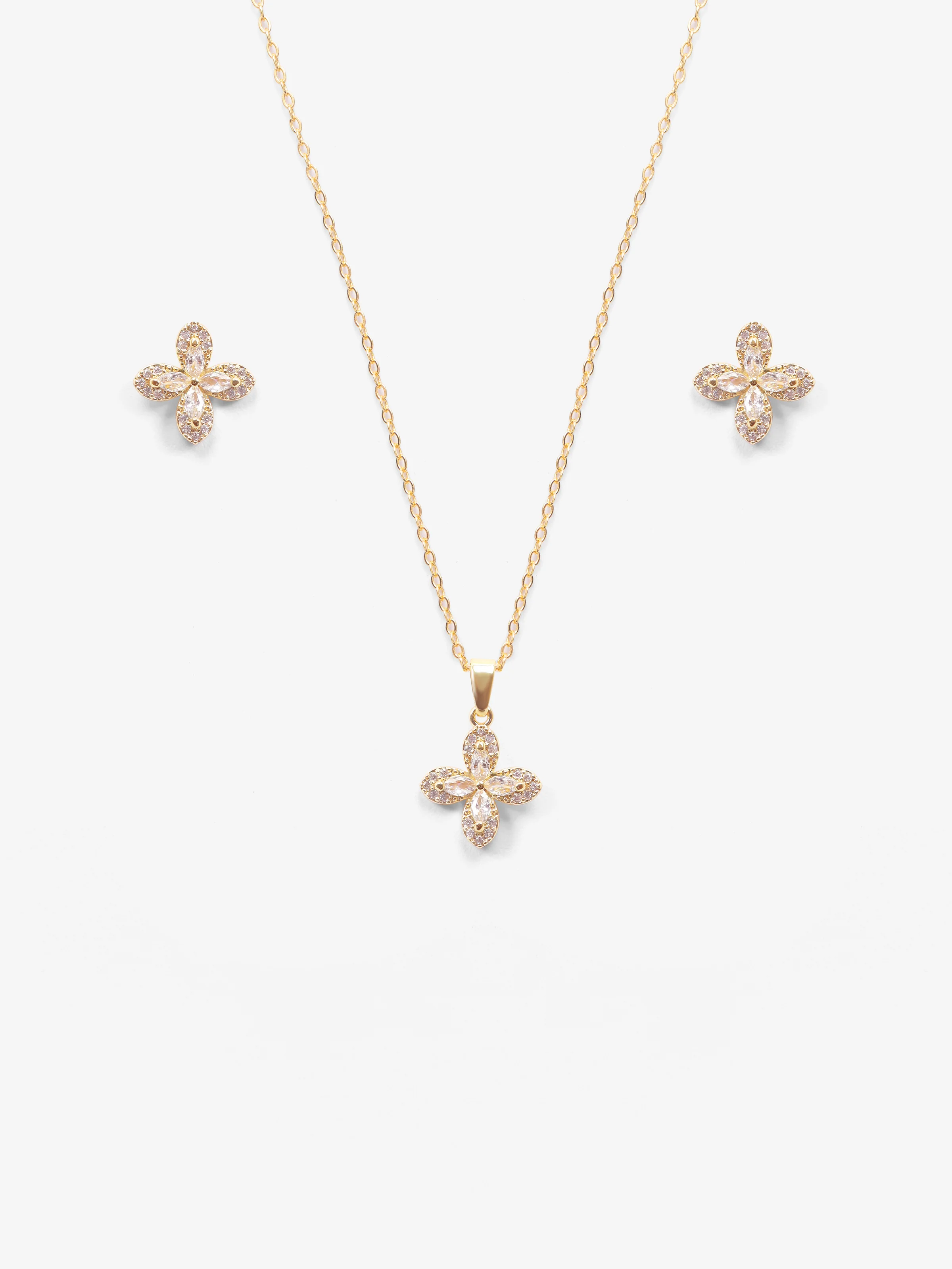 Floral Clover Pendant & Stud Gold Jewelry Set - EAWJS5-007